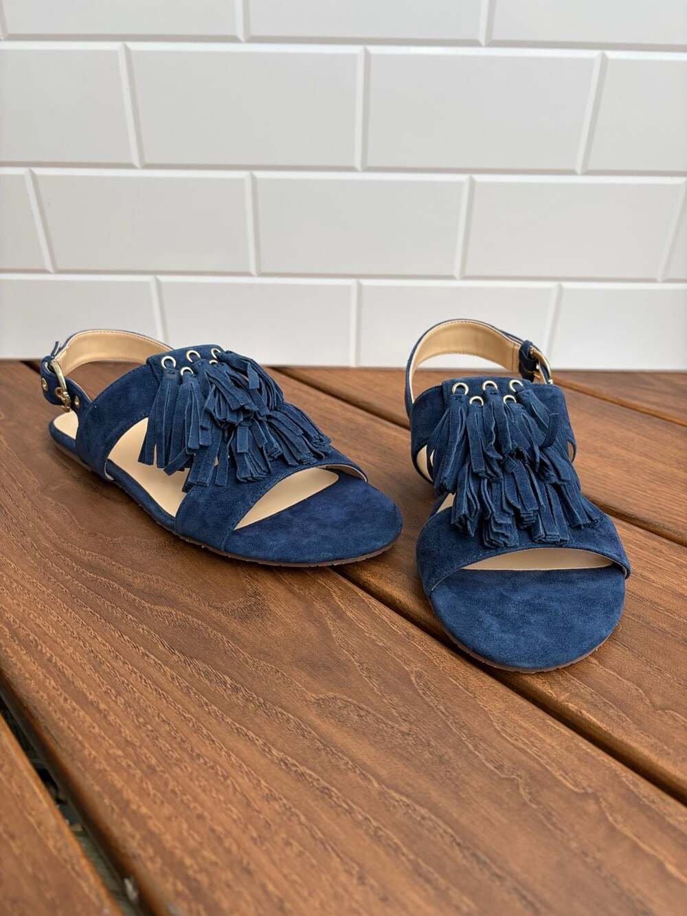 NIB C. Wonder Jessica Suede Fringe Slingback Sandals in Navy Size 6.5 Wide